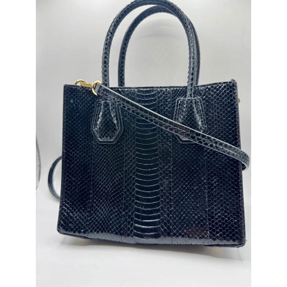 Michael Kors Mercer Messenger Bag Medium Black Snake Embossed Leather Gold Purse